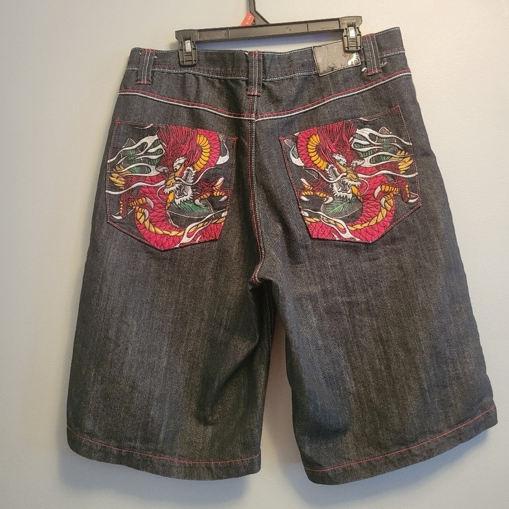 Vintage 90s EXA Dragon Denim Shorts Mens 38 Red Stitch Y2K Baggy - Picture 3 of 8